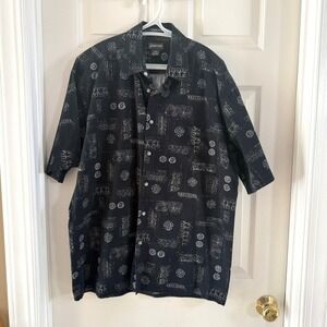 St Johns Bay Island Style Mens Large Black White Tribal Batik Cotton Shirt L